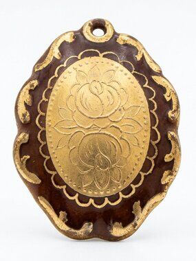 Vintage Bavaria Handgemalt Porcelain Pendant Gold Rose Scalloped Gilt Burgundy